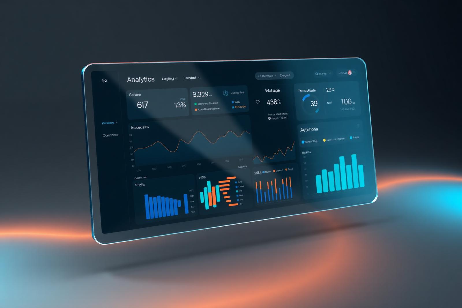 Analytics dashboard rendered on a floating glass panel