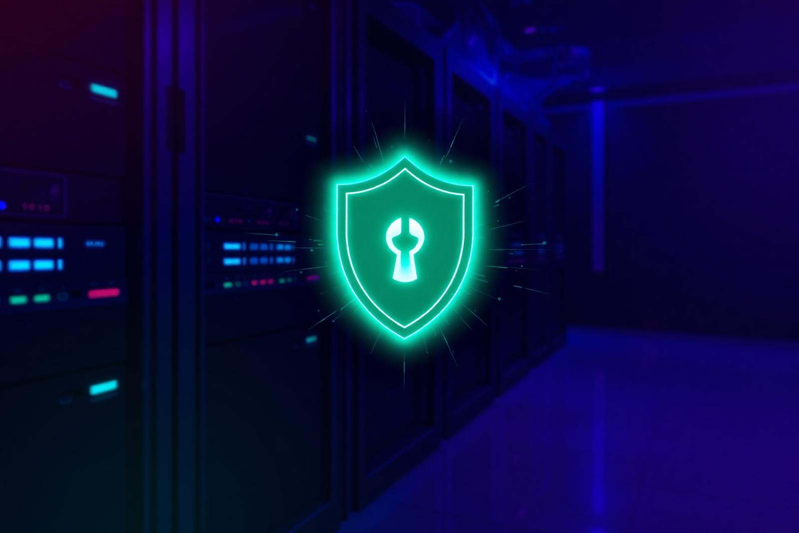 Cybersecurity shield hologram in a server room
